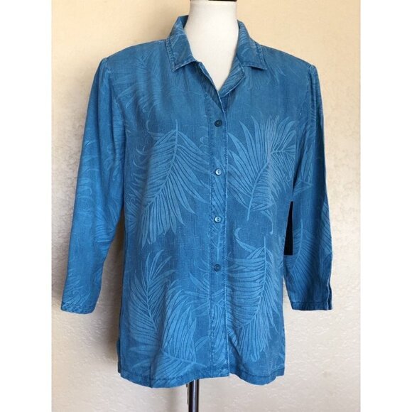 Nancy Bolen Womens Textured Blue Silk Button Down shirt Size M - Picture 2 of 12